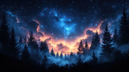 Starry night sky above forest with glowing clouds, illuminated treetops, cosmic beauty, serene nature scene, nighttime landscape, peaceful outdoor view, galaxy in the sky