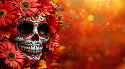 Mexican Skull Surrounded by Marigolds