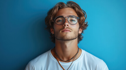 Close-up portrait of a young man wearing glasses and headband, standing against a bright blue wall background, modern casual style, serious expression, trendy eyewear, athletic look