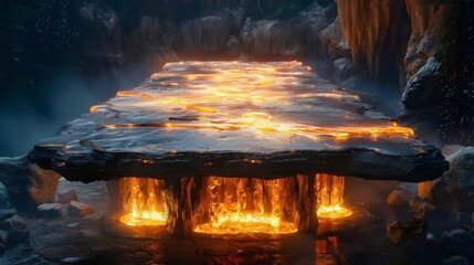 A lava rock bridge with a fire pit in the middle