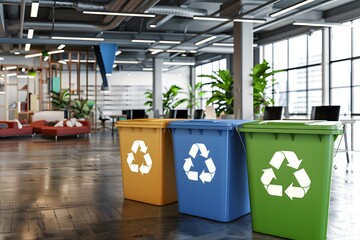 Colorful recycling bins in modern office environment