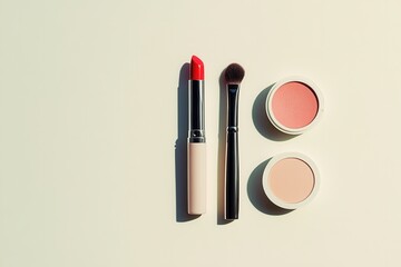 Fototapete - An elegant setup features a vibrant lipstick, sleek makeup brushes, and soft powder, perfect for beauty lovers and minimalism fans. Generative AI