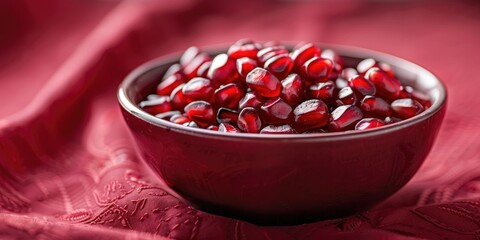 Canvas Print - Close up of pomegranate seeds in a bowl on a red tablecloth