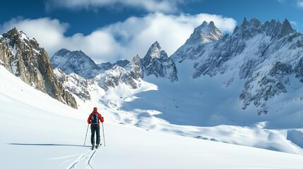 Canvas Print - A skier ascends a pristine snow-covered mountain range under a bright blue sky in winter