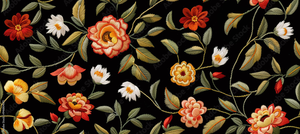 Seamless elegant colorful embroidery flowers pattern on black ...