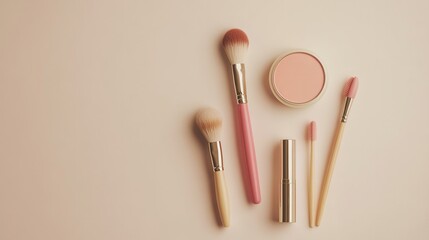 Fototapete - A stylish display features lipstick, makeup brushes, and powder arranged neatly on a light surface, perfect for beauty inspiration. Generative AI