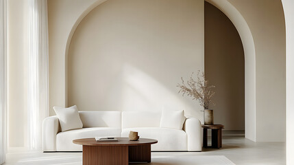 White sofa and accent coffee table against arch wall. Minimalist, japandi interior design of modern living room.