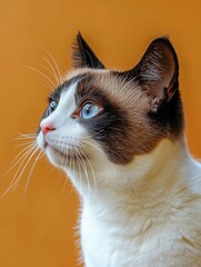 Wall Mural - A close-up portrait of a cat with striking blue eyes against a warm background.