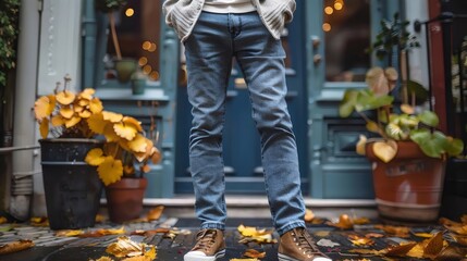 Wall Mural - A man in blue jeans stands in front of a blue door