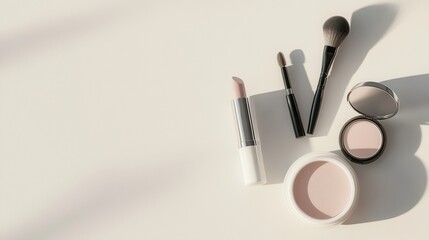 Poster - A neat display of lipstick, makeup brushes, and powder products arranged elegantly on a light surface, ideal for beauty lovers. Generative AI