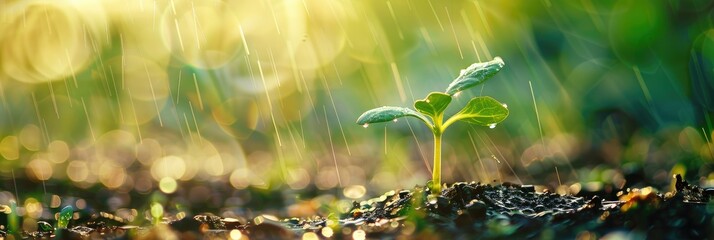 Poster - Young sprout surrounded by raindrops, with sunlit soil accentuated against a blurred natural background