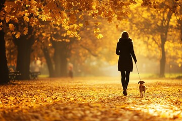 Canvas Print - A woman walks her dog along a sunlit path covered in autumn leaves in a tranquil park during the early evening hours