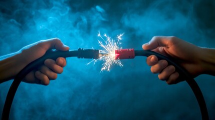 Wall Mural - two hands connect electrical cables, creating a spark that signifies energy and power. this image re
