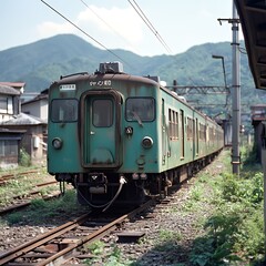 Poster - An old green train on tracks with mountains in the background, showcasing vintage transport.