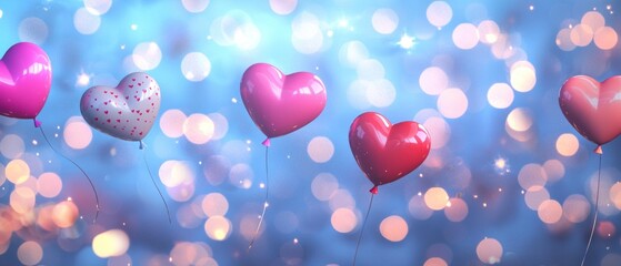 Wall Mural - Heart-Shaped Balloons Floating Against a Blue and Pink Bokeh Background