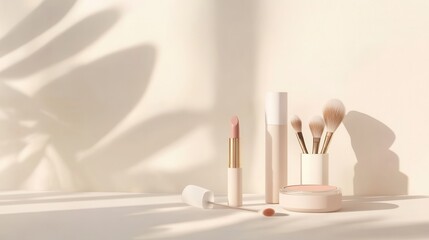 Fototapete - A clean layout features lipstick, makeup brushes, and powder on a neutral background, creating a serene and stylish beauty display. Generative AI