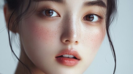 Close-up portrait of a beautiful 21-year-old Korean woman with flawless skin. Korean woman face in studio photo.