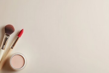 Aufkleber - Cosmetic products are artfully arranged in a minimalist style, showcasing lipstick, brushes, and powder against a light backdrop. Generative AI