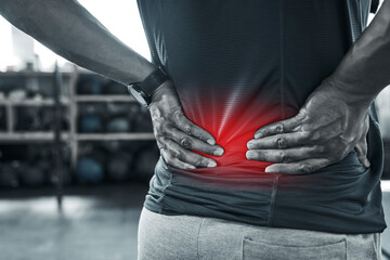 Sticker - Man, fitness and back pain with red glow at gym with muscle tension at sports center. Male person, workout and exercise with ache, injury and inflammation on training or warm up for wellbeing