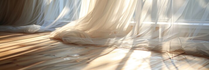 Canvas Print - Serene interior area illuminated by sunlight and a soft breeze filtering through the sheer curtain.