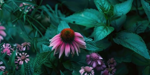 Sticker - Echinacea flower among lush green plants and perennials