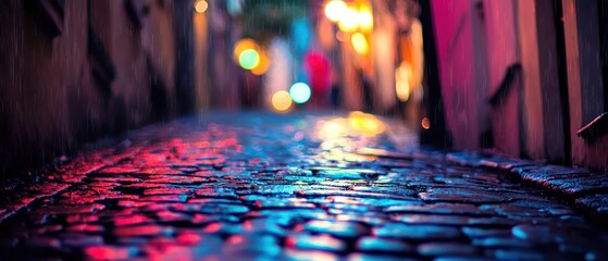 Rain-soaked Cobblestones Under Neon Lights