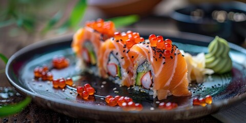 Sticker - Stylish plate presentation of an exquisite sushi roll adorned with fresh salmon roe and avocado served alongside pickled ginger