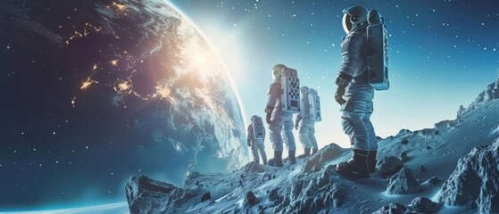 Wall Mural - Astronauts with spaceship exploring an asteroid in space 3D