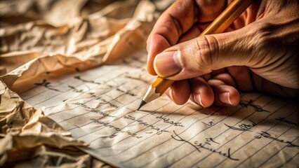 A close-up of a hand holding a pencil, scribbling cursive words on a crumpled, aged sheet of paper with faint grid lines and torn edges.