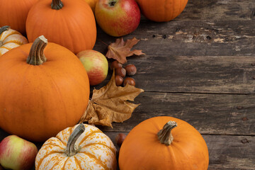 Wall Mural - halloween pumpkins on wood background