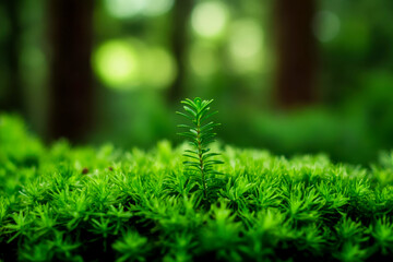 A close-up of a vibrant green plant sprouting among soft moss, showcasing the beauty of nature and new life in a forest setting.