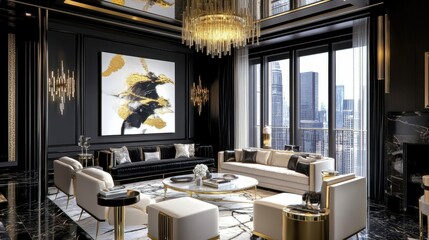 luxurious modern living room, dark walls, abstract art on walls, elegant chandeliers, marble flooring with gold accents, large windows, sophisticated furniture, contemporary interior design, high eleg