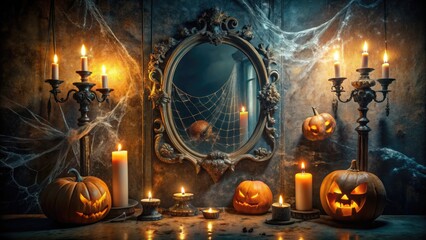 Wall Mural - A dimly lit, ornate mirror reflects a sinister, eerie atmosphere, surrounded by cobwebs, candles, and jack-o'-lanterns, evoking a sense of mystery and foreboding on a dark Halloween night.