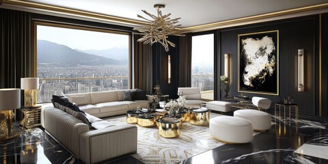 luxurious modern living room, dark walls, abstract art on walls, elegant chandeliers, marble flooring with gold accents, large windows, sophisticated furniture, contemporary interior design, high eleg