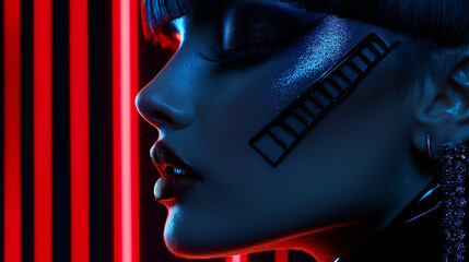 Canvas Print - A beautiful woman with hints of cybernetic enhancements and blue make-up. 