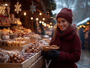 Wall Mural - A lively outdoor Christmas market with people browsing holiday gifts and enjoying festive treats under twinkling lights