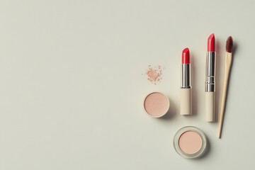 Poster - Cosmetic products are neatly arranged, featuring vibrant lipsticks, brushes, and powder, creating a stylish and clean beauty display. Generative AI
