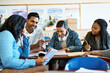 © SensSai/peopleimages.com - Smile, students and classroom for group assignment with education on teamwork and collaboration at college. Diversity, classmates and people with studying for exams, assessment and test on campus