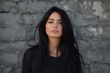 A woman with long black hair is standing in front of a brick wall, generative ai image