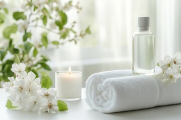 Spa still life with white candle, one cosmetic bottle, two white rolled towel stacked neat and flowers branch on bright spa massage salon background