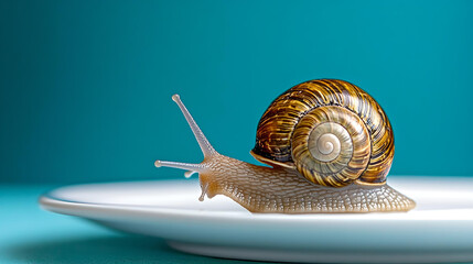 a snail with a spiral shell on a white plate, set against a vibrant blue background.
