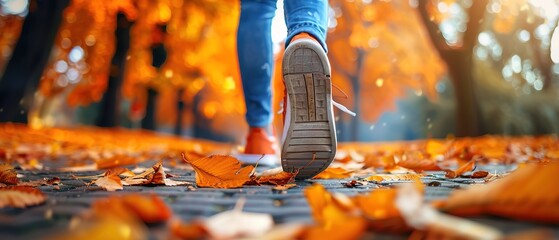 feets and foot walking on autumn park