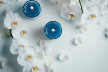 Wall Mural - The white colored clean table surface with lazuli blue candles and white orchids flowers, top camera angle view, white mystique atmosphere, cinematic lighting