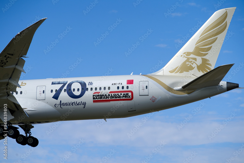 The rear tail of a Gulf Air Boeing Dreamliner 787-9 with the 70th ...