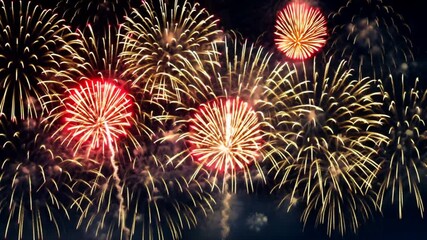 Aufkleber - A fireworks display with many different colors and shapes. The fireworks are lit up in the night sky, creating a beautiful and vibrant scene. Scene is celebratory and festive