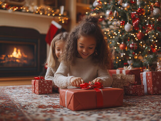 Wall Mural - A magical Christmas morning scene with children excitedly opening presents under the tree, surrounded by holiday joy