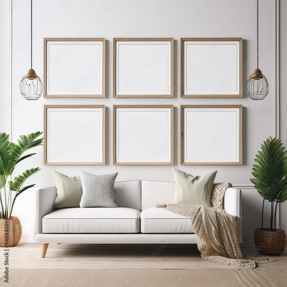 Ambiente minimalista, tons claros, parede branca, Moldura, triptico, de ...