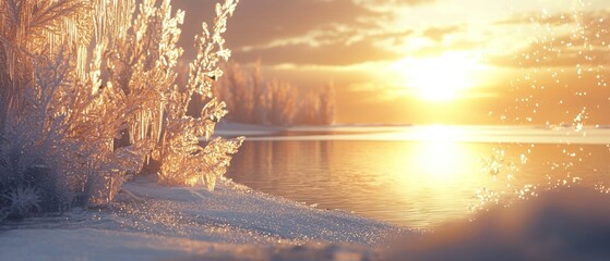 Poster - Frosty Branches Against a Golden Sunset Over a Lake