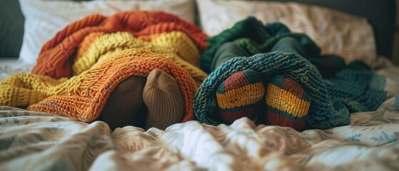 Two pairs of feet sticking out from under cozy blankets