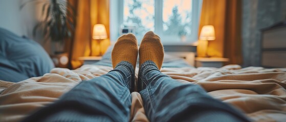 Point of view on feet of a man wearing socks and leaning legs on a bed 